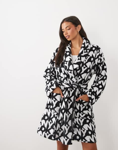 DKNY Double faced sherpa robe in black & white logo - view 1