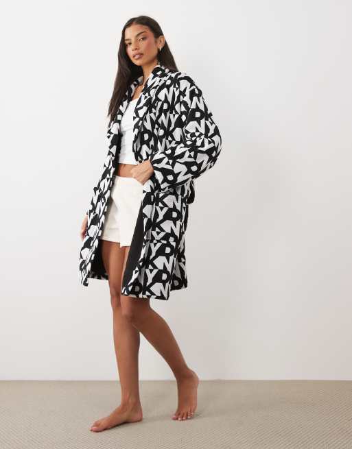 DKNY Double faced sherpa robe in black & white logo, 2 of 4