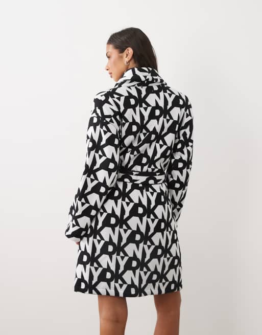 DKNY Double faced sherpa robe in black & white logo, 3 of 4