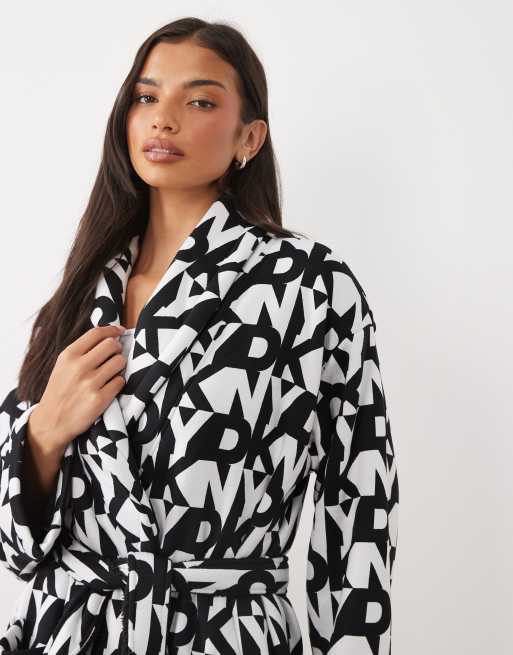 DKNY Double faced sherpa robe in black & white logo, 4 of 4