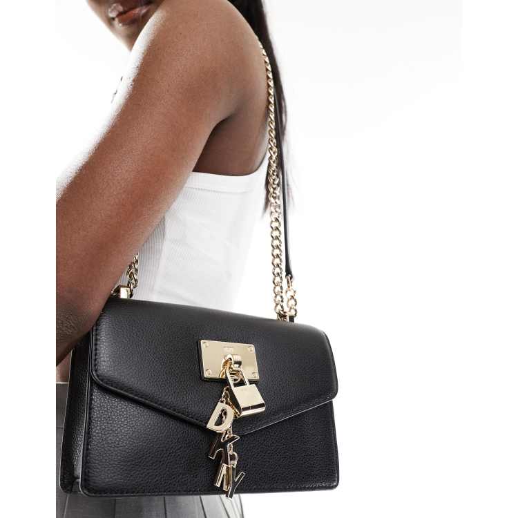 DKNY Elissa small leather crossbody bag with chain strap in black ASOS