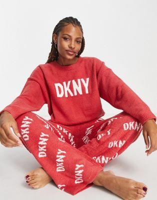 DKNY premium boucle knitted logo top and wide leg lounge set in red - ASOS Price Checker