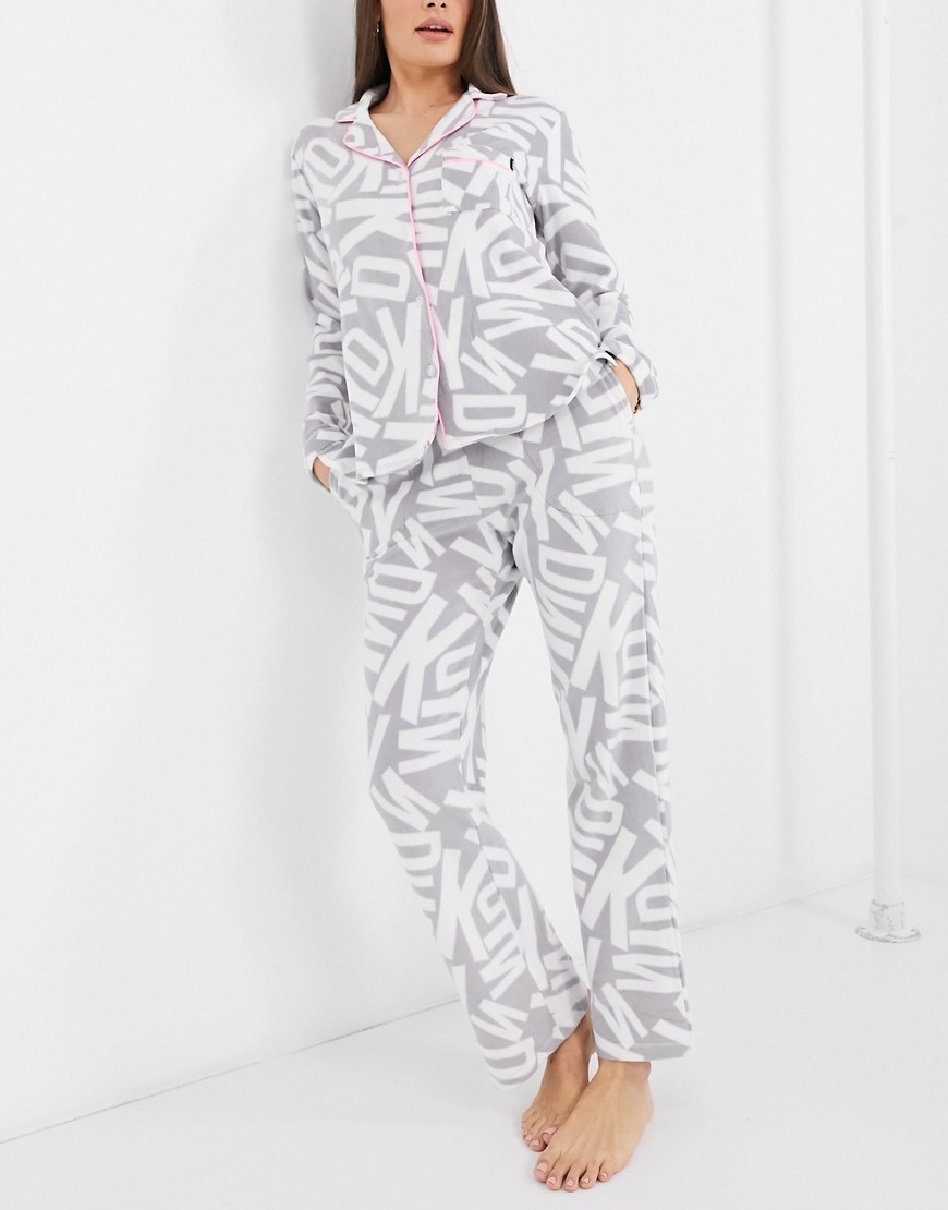 DKNY fleece gift wrapped logo printed revere pyjama set in grey
