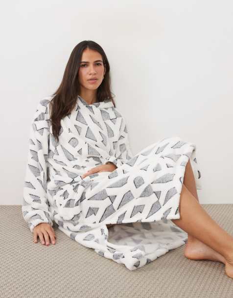 DKNY Fleece hooded lounger robe in grey & white logo - view 1