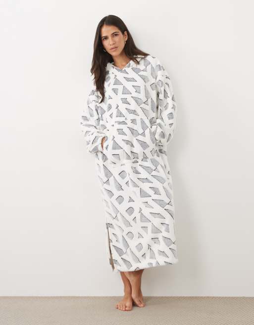 DKNY Fleece hooded lounger robe in grey & white logo, 2 of 4