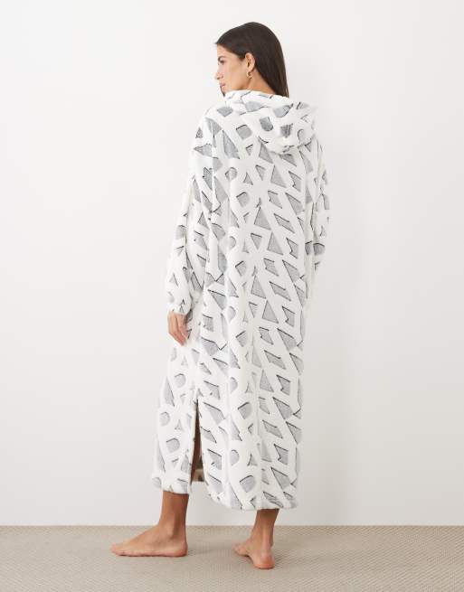 DKNY Fleece hooded lounger robe in grey & white logo, 4 of 4
