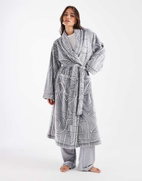 DKNY Folded long robe in frosted grey logo letters - view 1