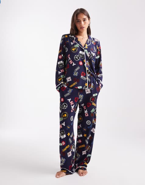 DKNY Folded notch top and pant sleep set in eclipse logo patch - view 1