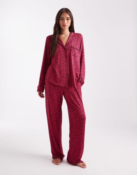 DKNY Folded notch top and pant sleep set in fig letter logo - view 1