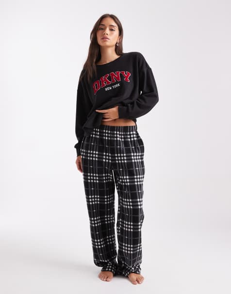 DKNY Folded top and pant sleep set in black ckeck plaid - view 1