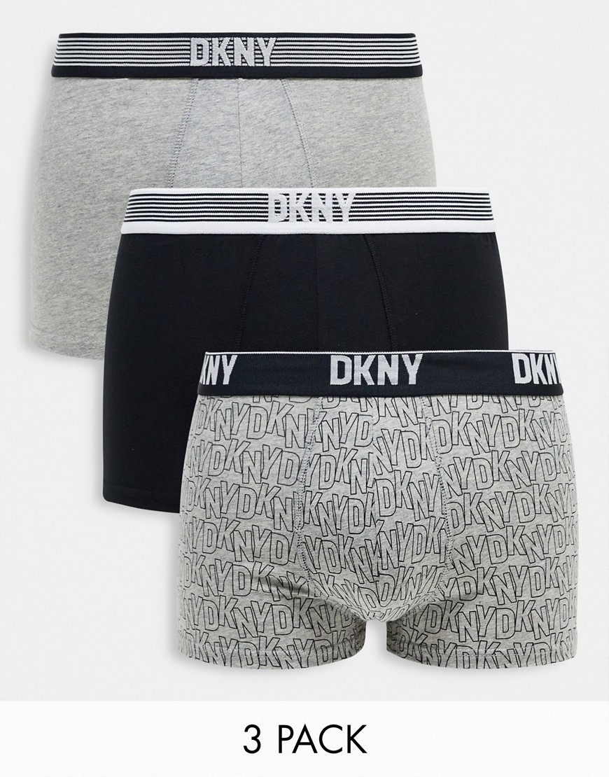 Dkny Geneva 3 Pack Trunks In Black And Grey Print