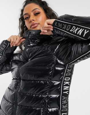 DKNY high shine padded jacket with logo taping-Black, Compare