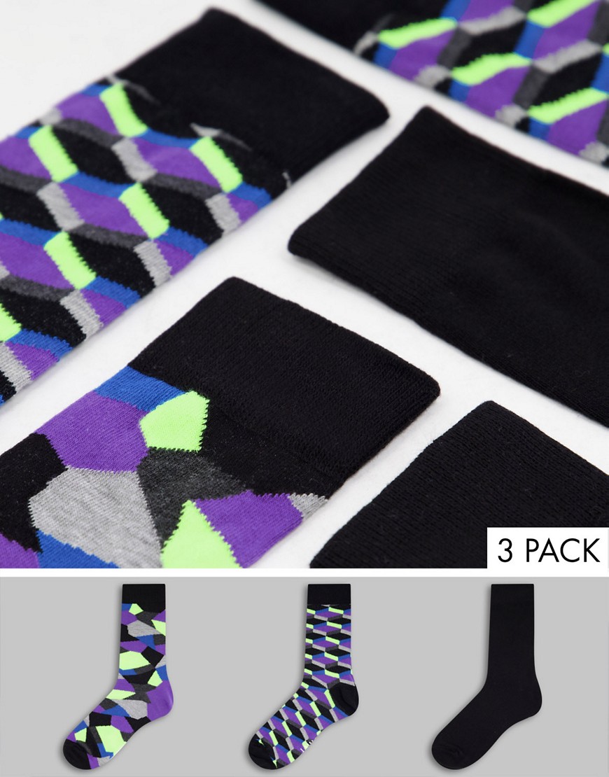 DKNY Irving 3 pack socks in geo print-Black