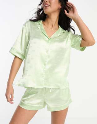 Dkny Jacquard Satin Top And Boxer Short Set In Light Green