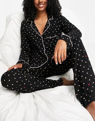 DKNY jersey notch collar pyjama set in black