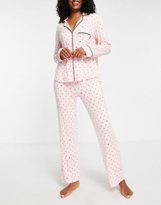 DKNY jersey notch collar pyjama set in pink print