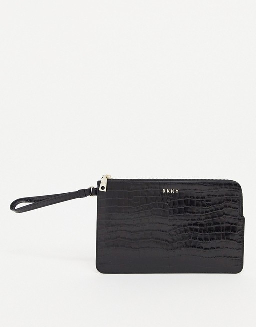 DKNY leather wristlet purse in black croc