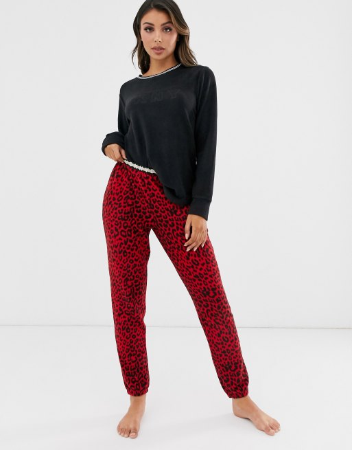 DKNY logo leopard print long jogger set in black