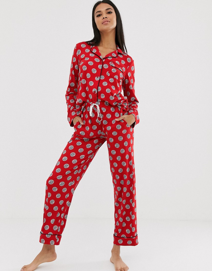 DKNY logo ruby token long pyjama set in red