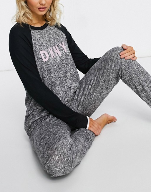 DKNY logo super soft contrast long sleeve top and jogger set in grey marl