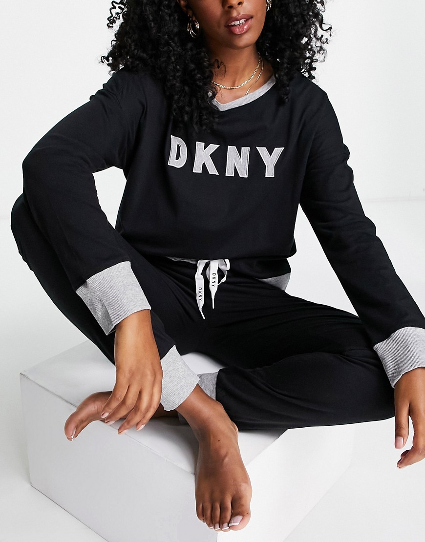 DKNY logo super soft knitted long sleeve top and jogger set in black