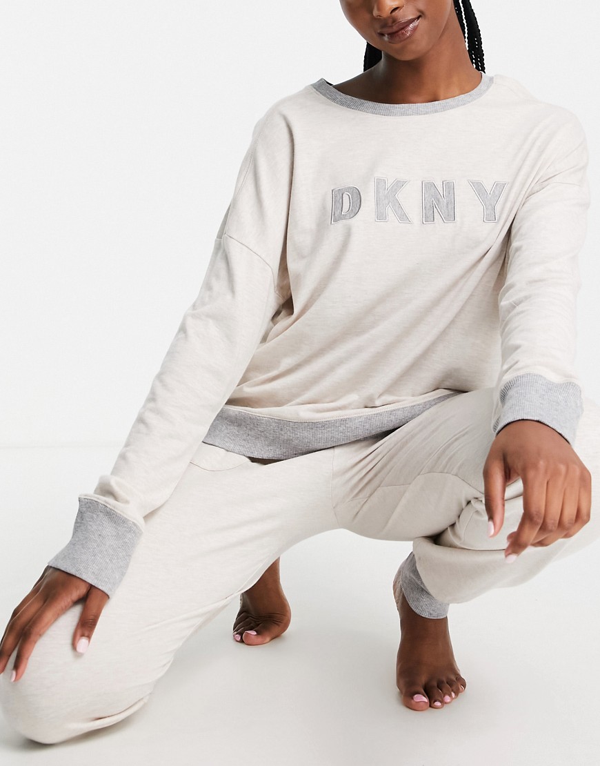 DKNY logo super soft knitted long sleeve top and jogger set in cream-White