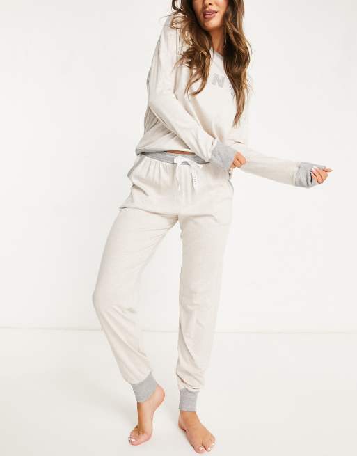 DKNY logo super soft knitted long sleeve top and sweatpants set in cream