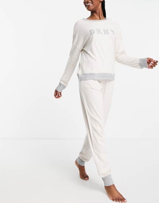 DKNY logo super soft knitted long-sleeved top and trackies set in cream, 4 of 4