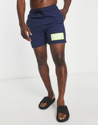 DKNY logo swim short in navy and lime green