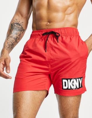 DKNY logo swim short in red and black