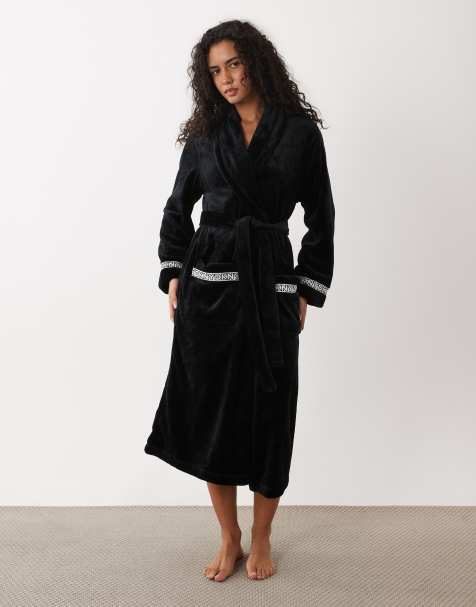 DKNY Long fleece logo robe in black - view 1