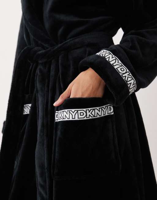 DKNY Long fleece logo robe in black, 2 of 4