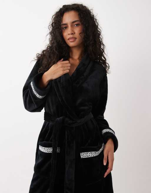 DKNY Long fleece logo robe in black, 3 of 4
