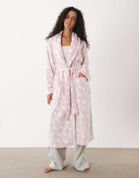 DKNY Long fleece logo robe in light pink - view 1