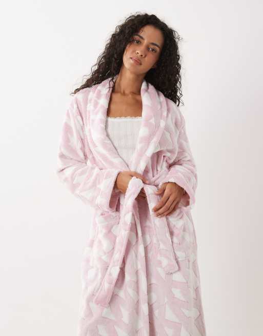 DKNY Long fleece logo robe in light pink, 3 of 4