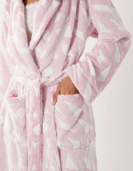 DKNY Long fleece logo robe in light pink, 4 of 4