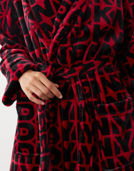 DKNY Long fleece logo robe in red print, 2 of 4