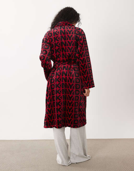 DKNY Long fleece logo robe in red print, 3 of 4