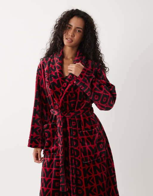 DKNY Long fleece logo robe in red print, 4 of 4