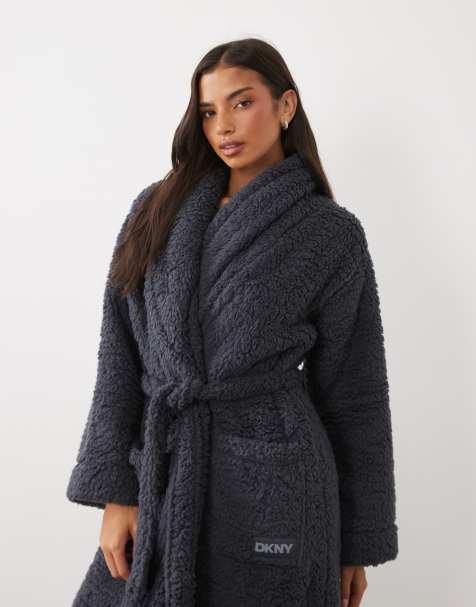 DKNY Long sherpa robe in light grey - view 1