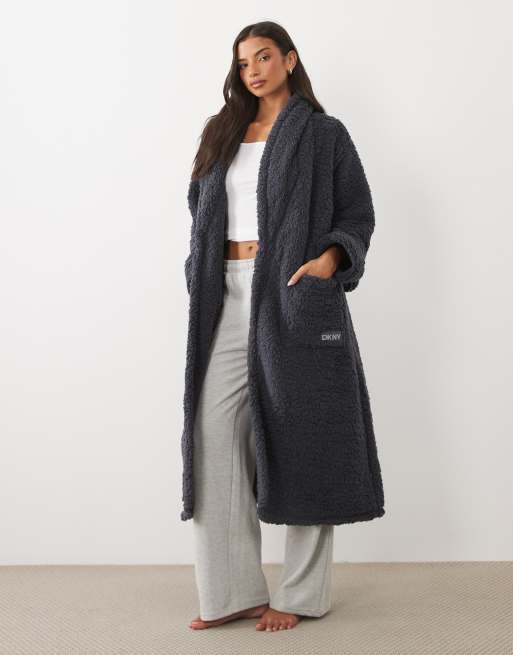 DKNY Long sherpa robe in light grey, 2 of 4