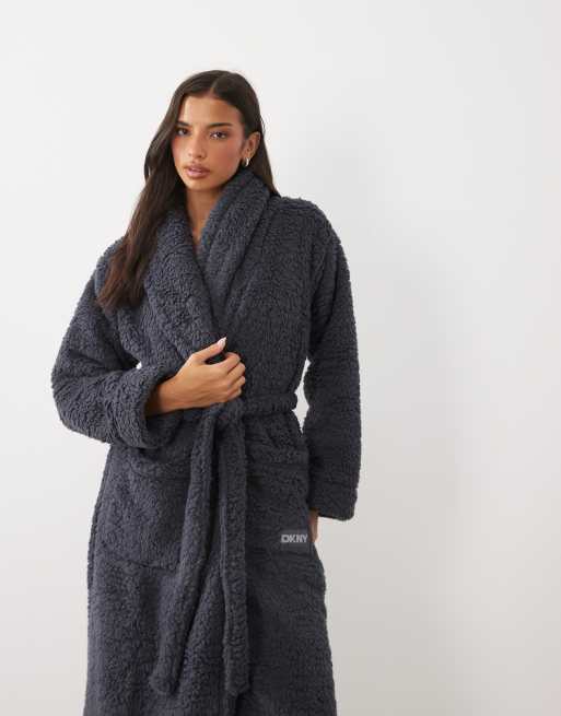 DKNY Long sherpa robe in light grey, 3 of 4