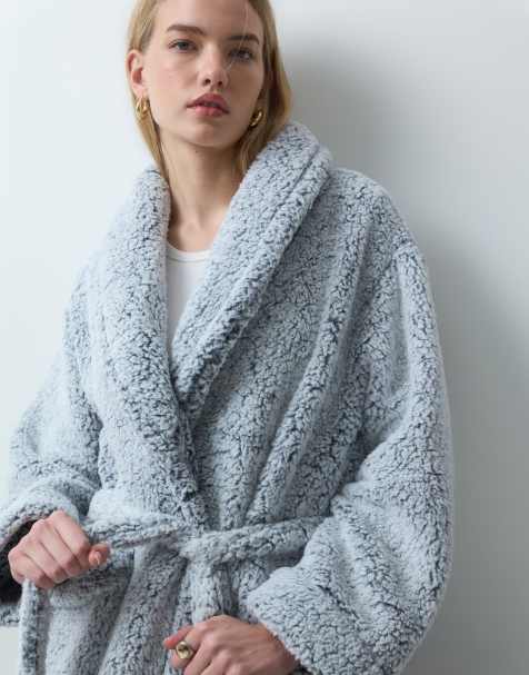DKNY Long sherpa robe in light grey - view 1