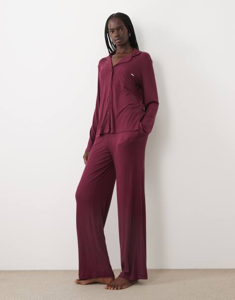 DKNY Long sleep ribbed pyjama set in burgandy - view 1