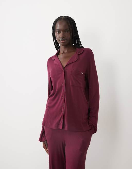 DKNY Long sleep ribbed pyjama set in burgandy, 2 of 4
