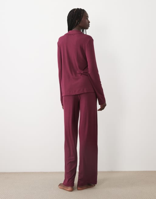 DKNY Long sleep ribbed pyjama set in burgandy, 4 of 4