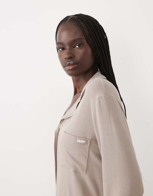 DKNY Long sleep ribbed pyjama set in light brown, 3 of 4