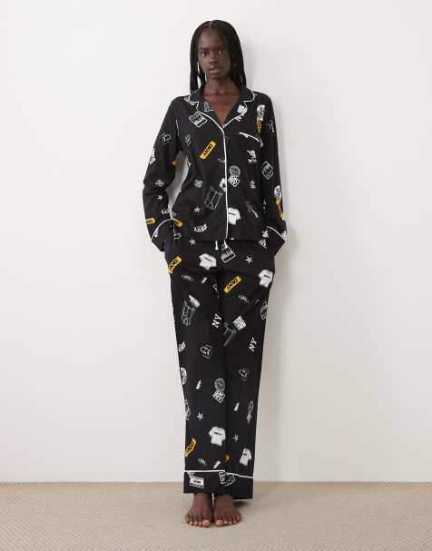 DKNY Long sleeve cotton pyjama set in black print - view 1