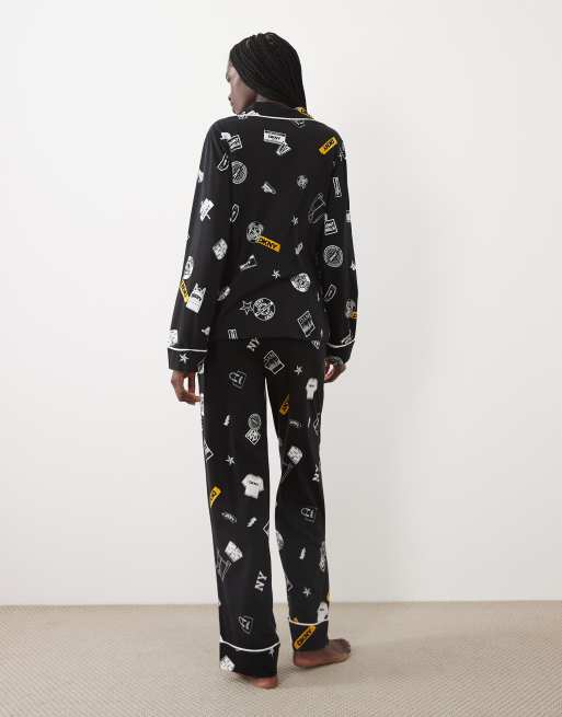 DKNY Long sleeve cotton pyjama set in black print, 3 of 4
