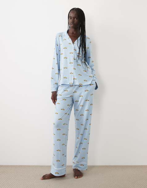 DKNY Long sleeve cotton pyjama set in blue print - view 1